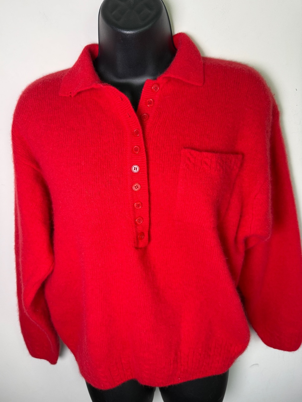 Vintage Elles Belles Angora Lambswool Polo Collar Sweater Red Preppy Pocket Sz M